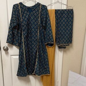 Teal green and Gold Floral Dress with golden dupatta